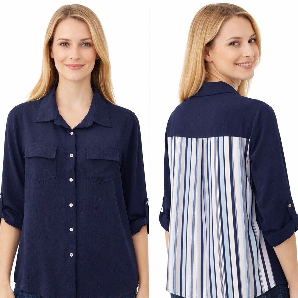 Gilli Blouse Navy White Contrast Stripe Roll Tab Sleeve Button Front Size M
